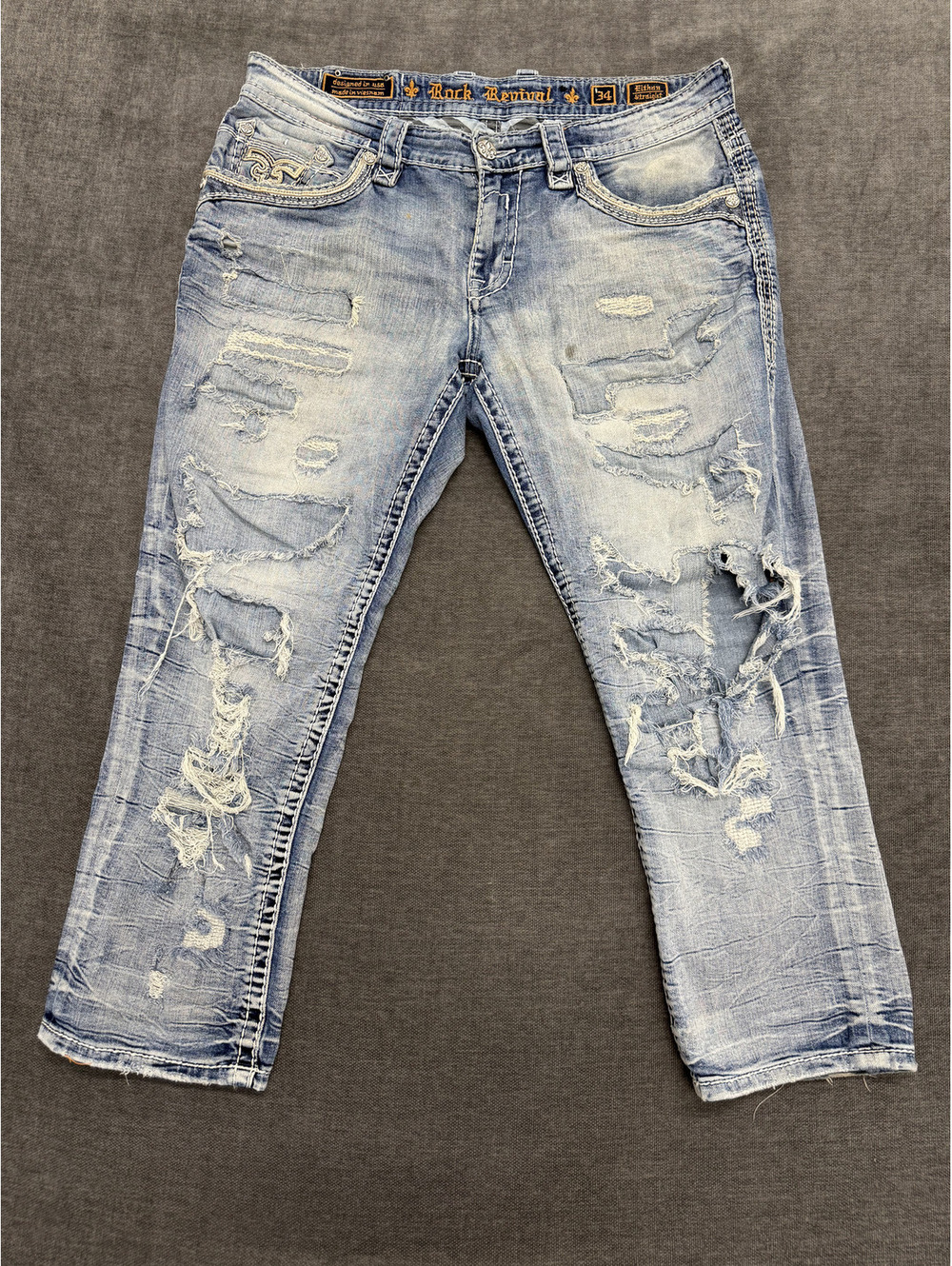 Rock Revival Light Blue Distressed Denim Jeans with Heavy Rips, Size 34